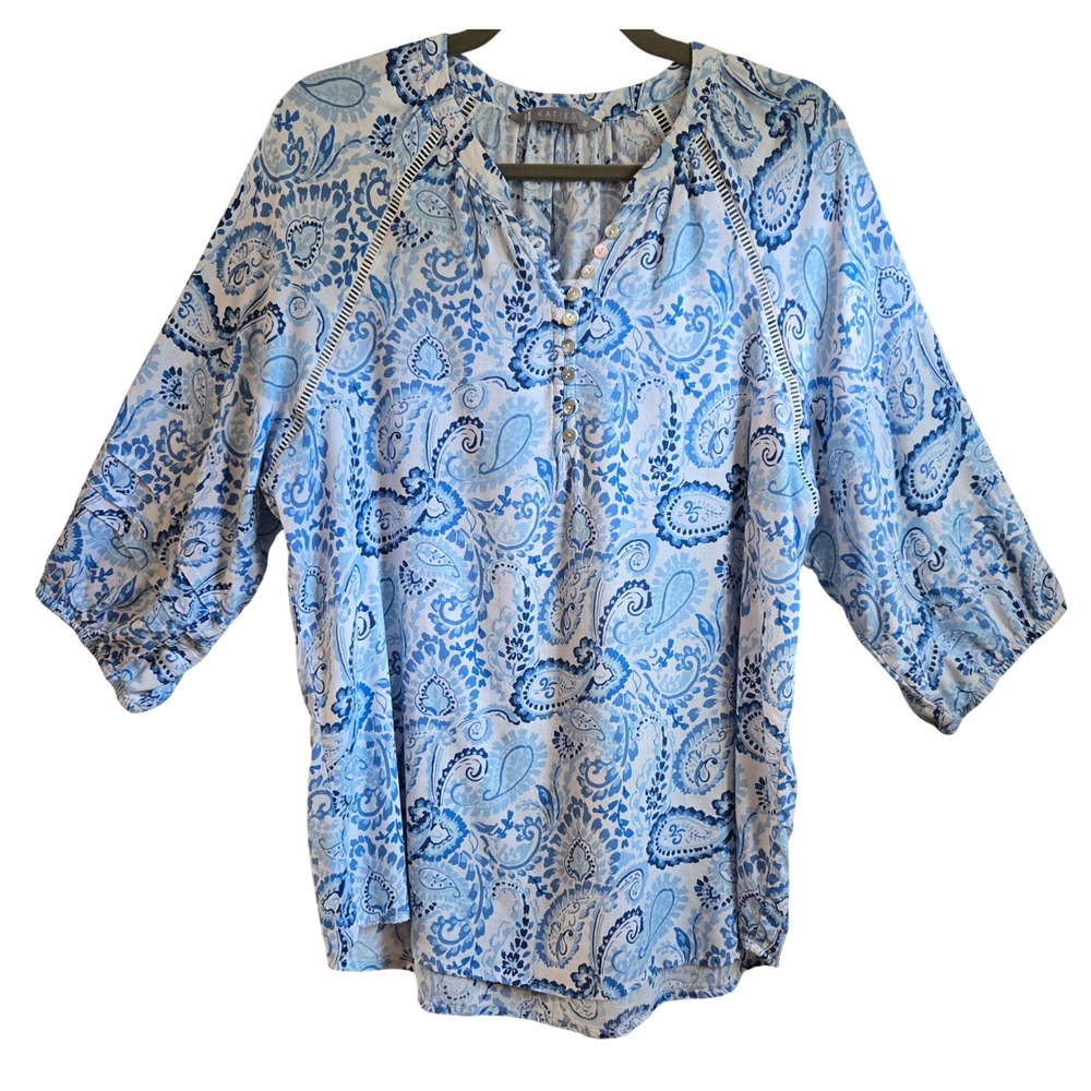 Katies Women's 14 Boho Blue‎ White Floral Paisley Viscose Linen Blouse Lace Trim